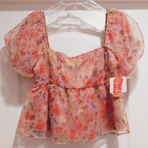 Charmed Hearts Multi color Pink Floral Peplum Puff sleeves top Jr. Sz L
